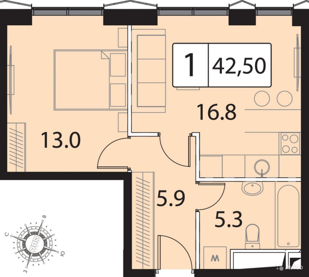 1-к квартира, 42 м², 19/30 эт. в Москве. Фото 1