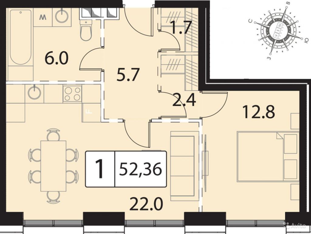 1-к квартира, 52 м², 3/30 эт. в Москве. Фото 1