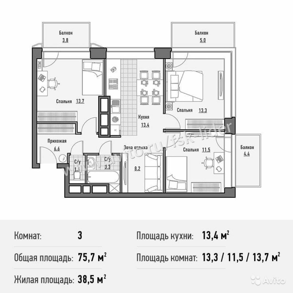 3-к квартира, 75.7 м², 3/21 эт. в Москве. Фото 1