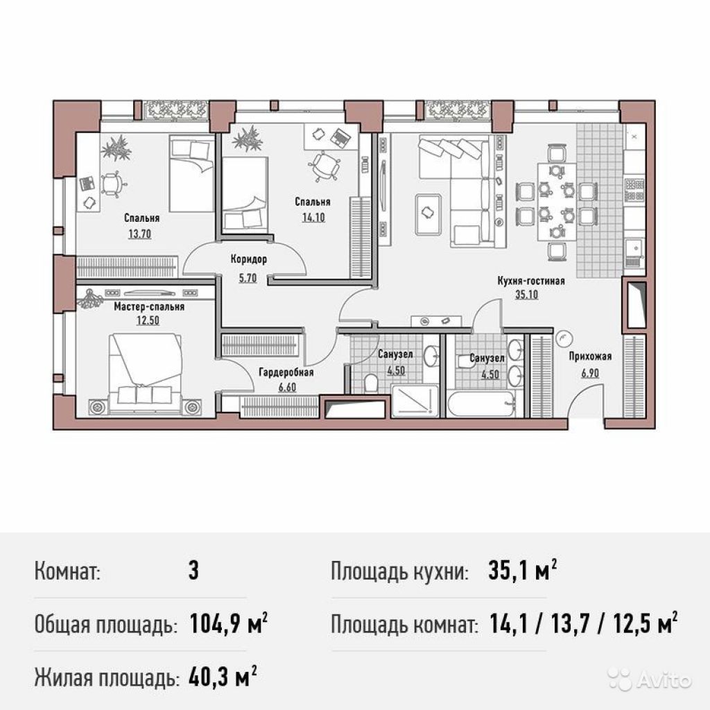 3-к квартира, 104.9 м², 7/10 эт. в Москве. Фото 1