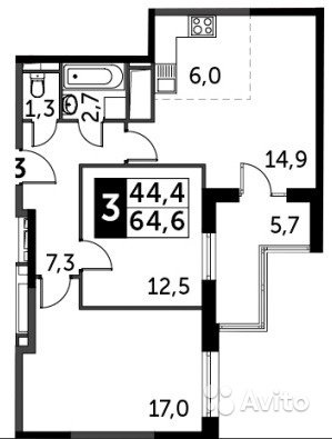 3-к квартира, 64.6 м², 19/20 эт. в Москве. Фото 1