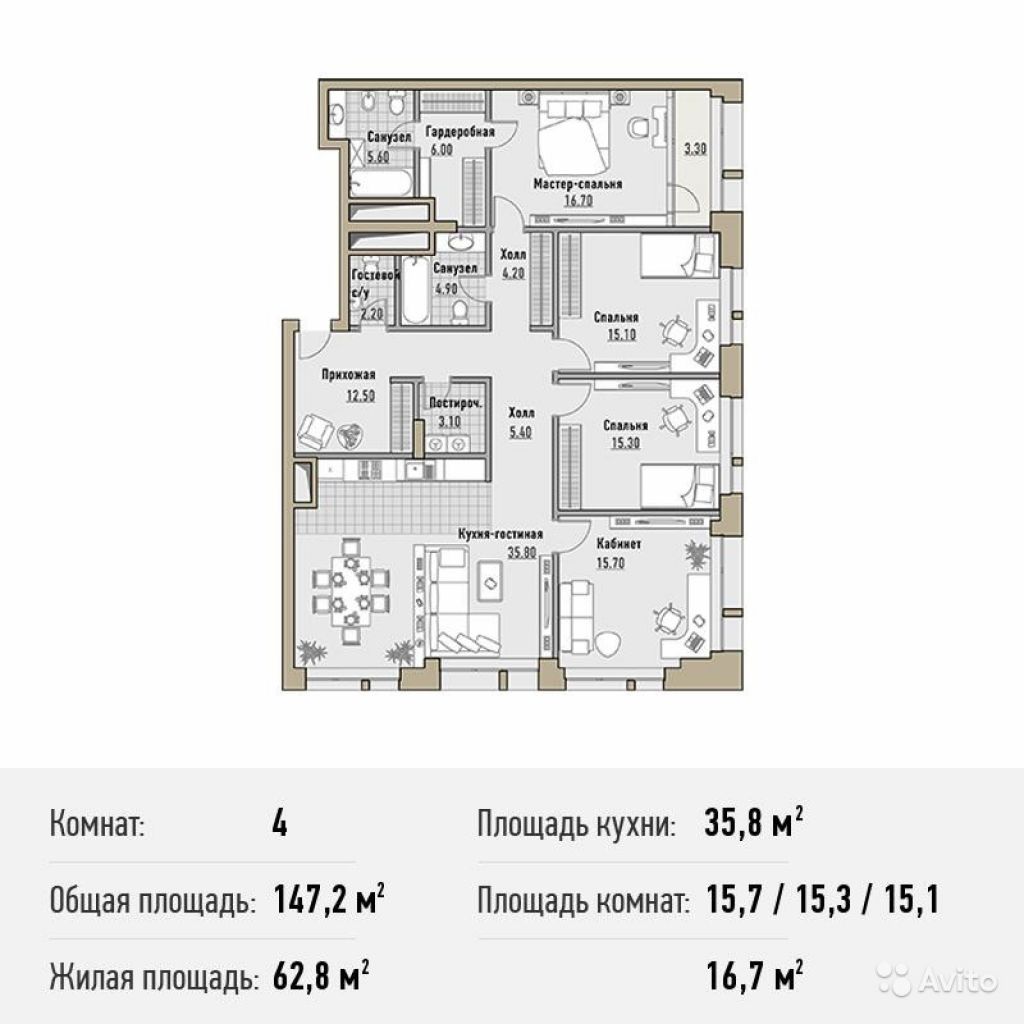 Продам квартиру в новостройке Элитный дом Реномэ 4-к квартира 147.2 м² на 5 этаже 10-этажного монолитного дома , тип участия: ДДУ в Москве. Фото 1