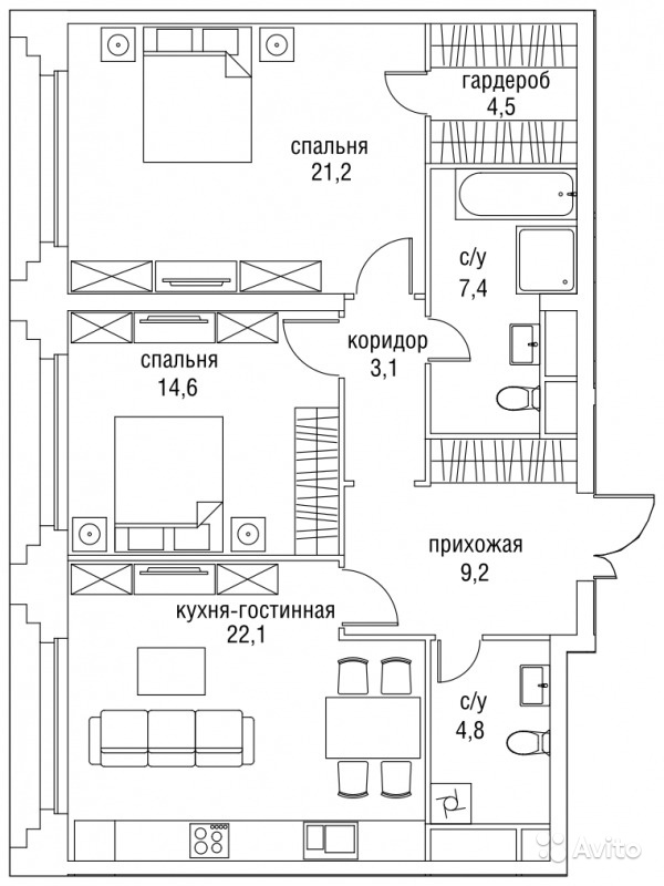 Продам квартиру в новостройке 2-к квартира 88 м² на 2 этаже 9-этажного монолитного дома в Москве. Фото 1