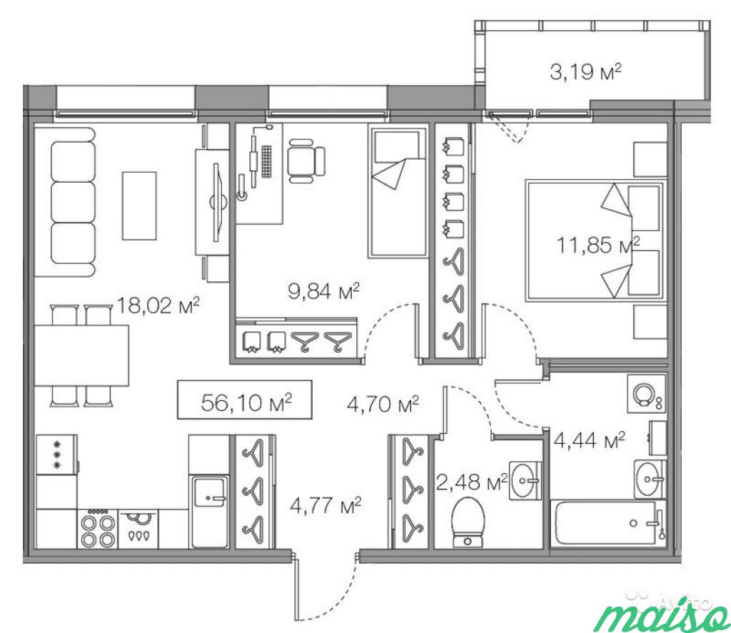 2-к квартира, 56.1 м², 4/23 эт. в Санкт-Петербурге. Фото 2