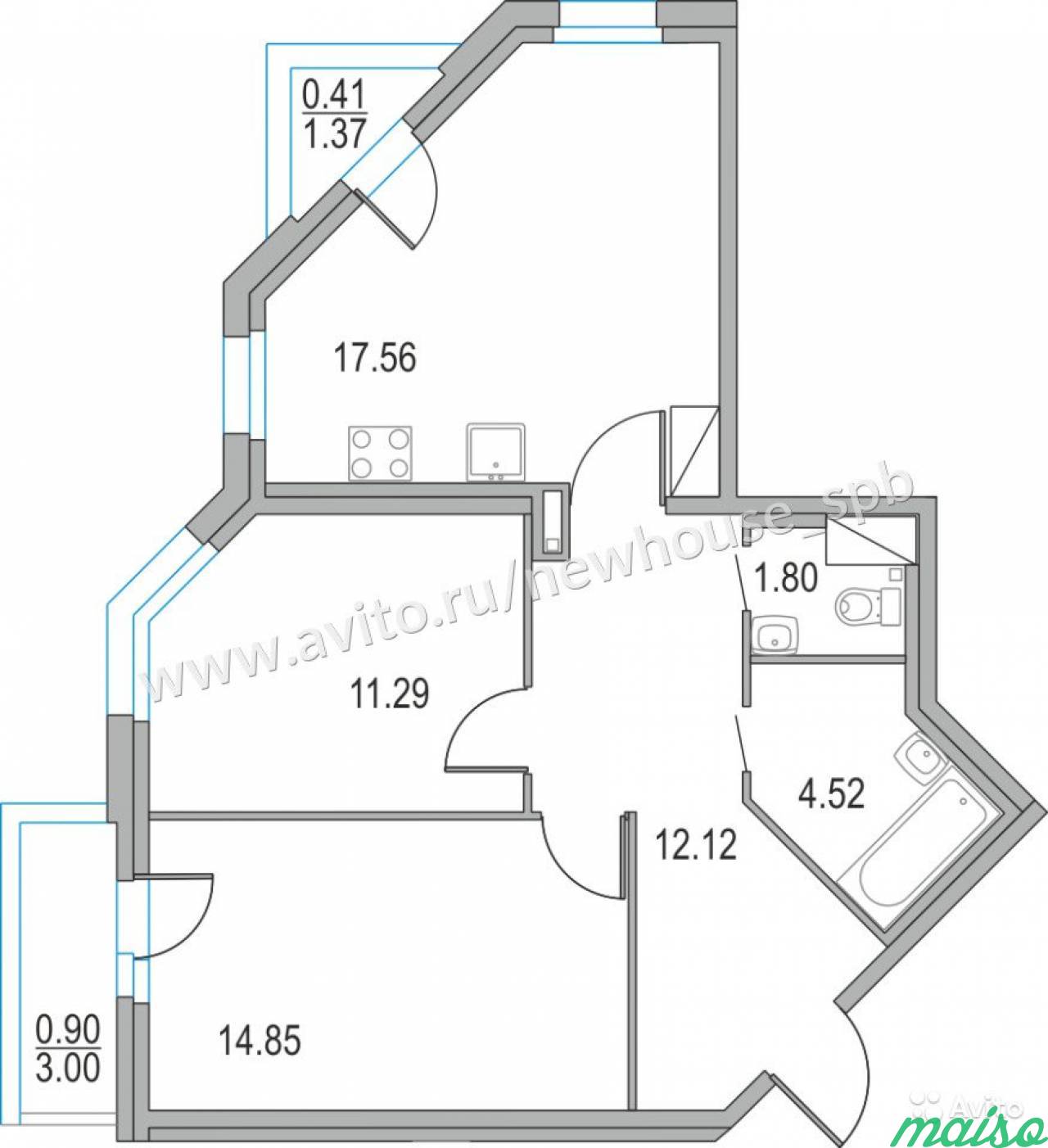 3-к квартира, 62.3 м², 4/17 эт. в Санкт-Петербурге. Фото 2