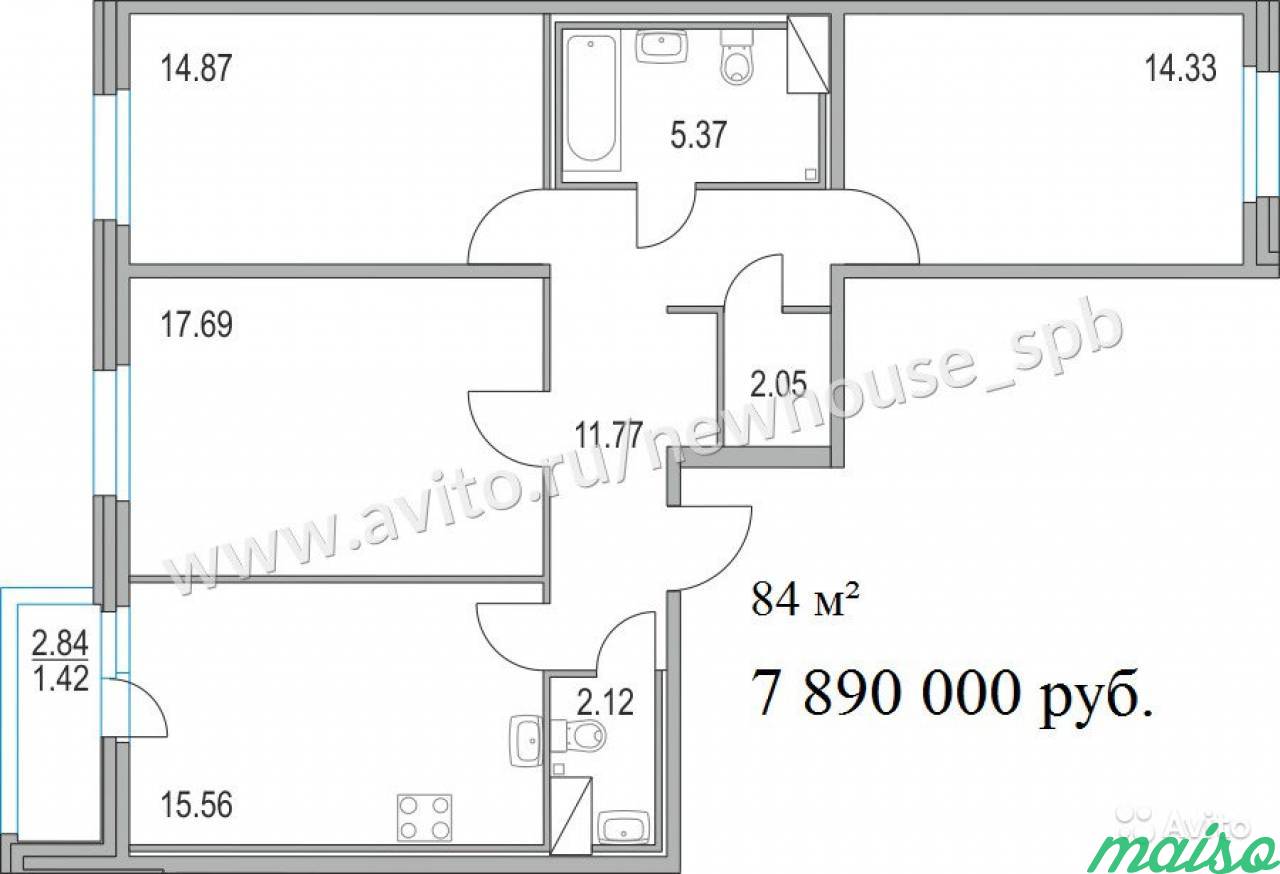 3-к квартира, 62.3 м², 4/17 эт. в Санкт-Петербурге. Фото 5