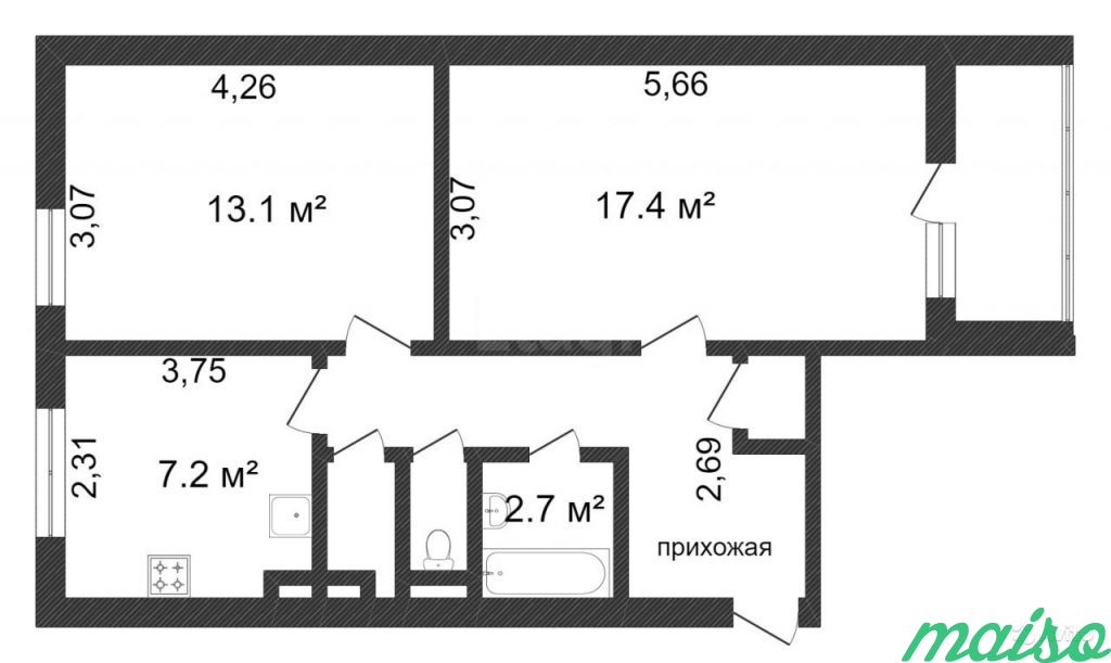 2-к квартира, 51.4 м², 6/12 эт. в Санкт-Петербурге. Фото 1