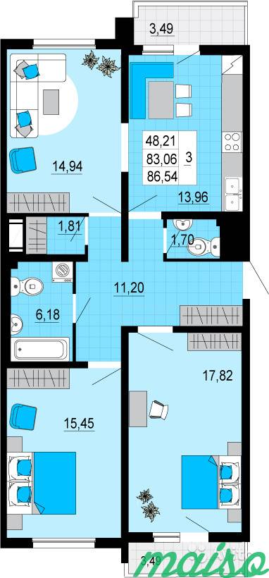 3-к квартира, 86.5 м², 9/25 эт. в Санкт-Петербурге. Фото 1