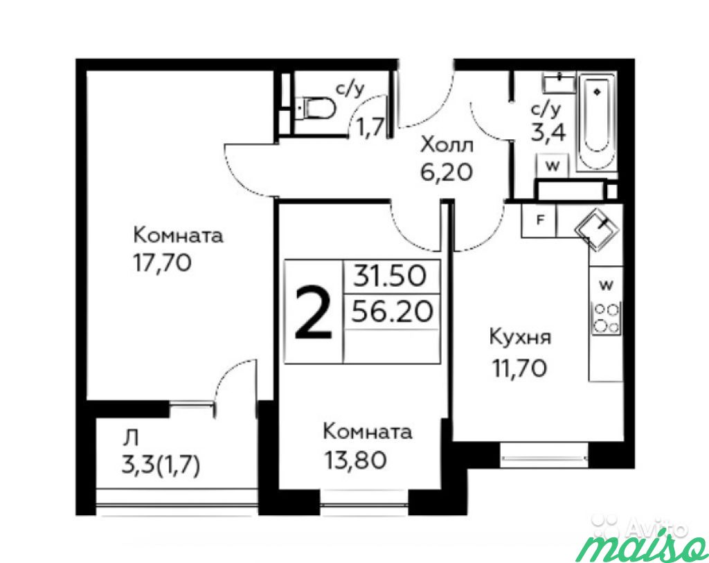 2-к квартира, 56.2 м², 10/22 эт. в Санкт-Петербурге. Фото 2