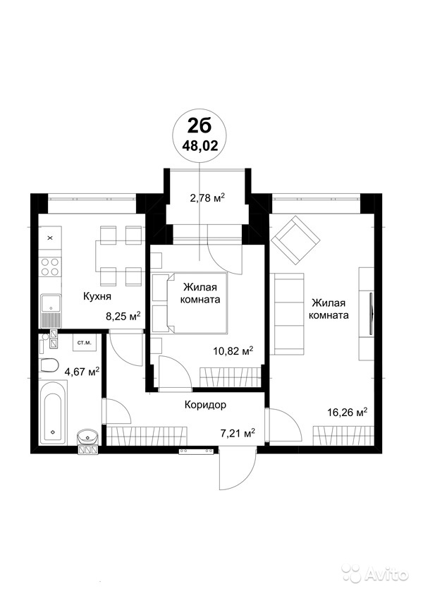 Продам квартиру в новостройке ЖК 'Бакеево Парк' 2-к квартира 48 м² на 1 этаже 3-этажного монолитного дома , тип участия: ДДУ в Москве. Фото 1