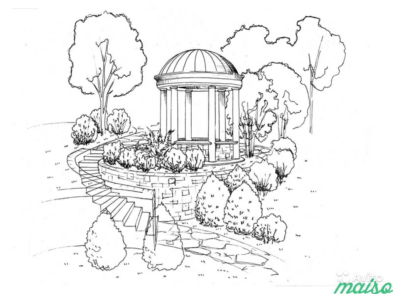 Рисунок беседка в саду карандашом