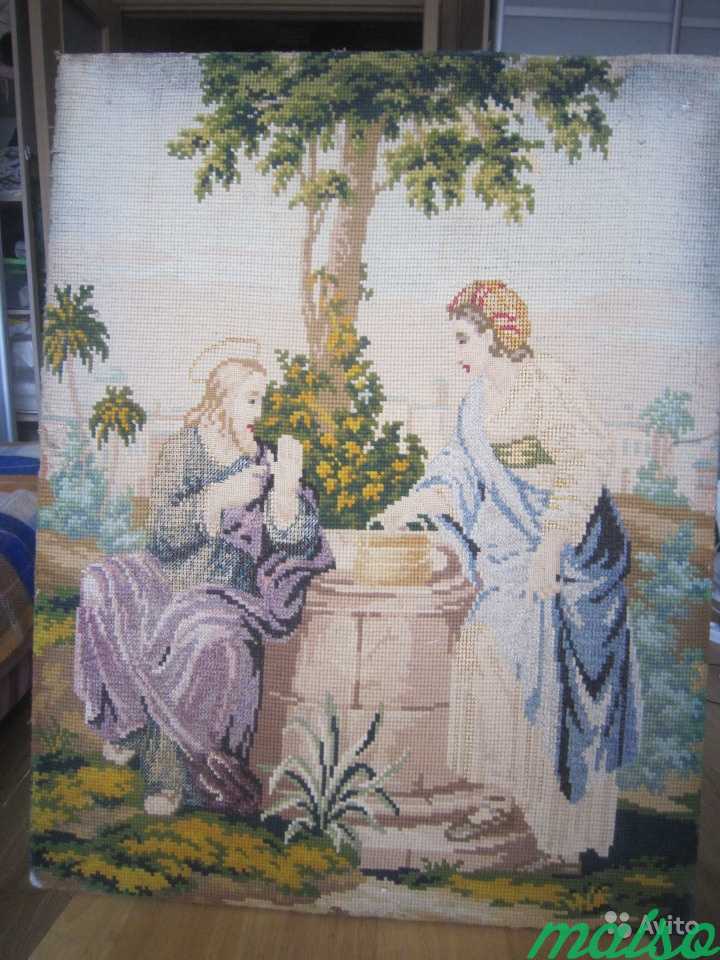 Картина вышивка старинная Иисус и самаритянка в Москве. Фото 1