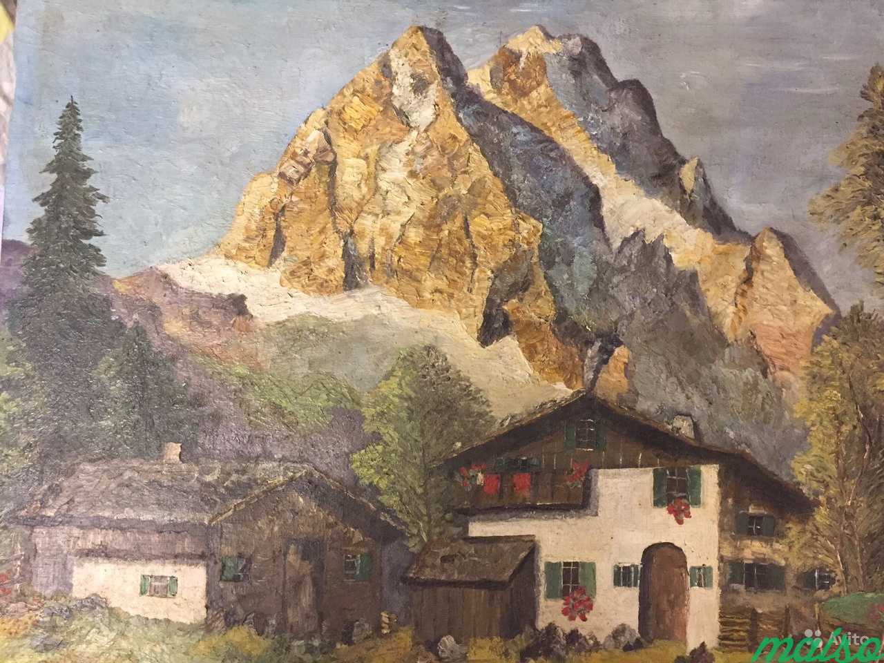 Старинная картина. Альпийский пейзаж. 19 век в Москве. Фото 4