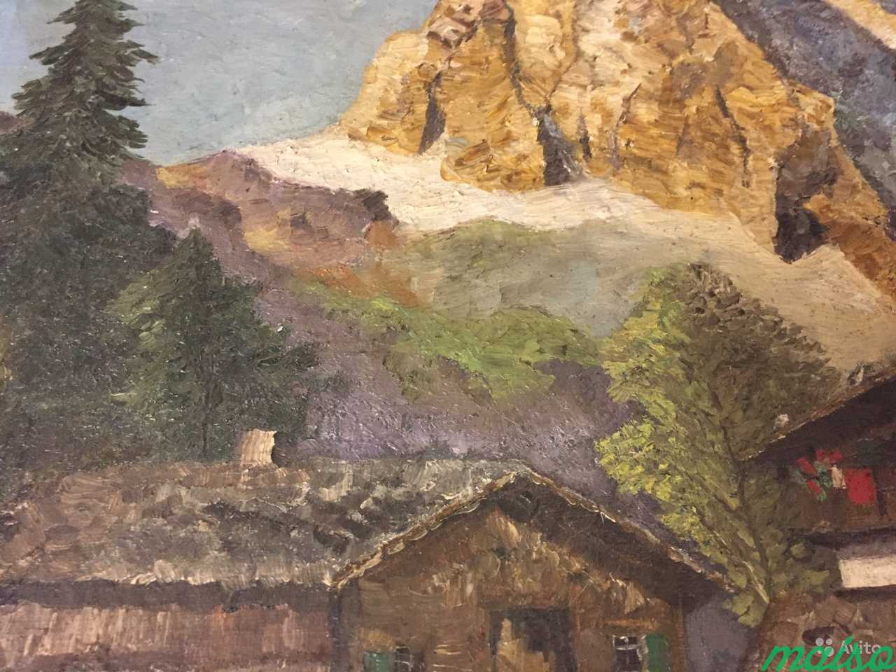 Старинная картина. Альпийский пейзаж. 19 век в Москве. Фото 3