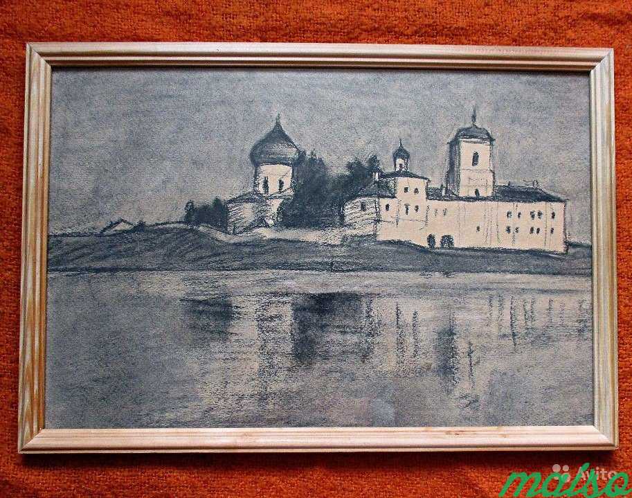 Картина Монастырь у озера пейзаж в раме пастель в Москве. Фото 1