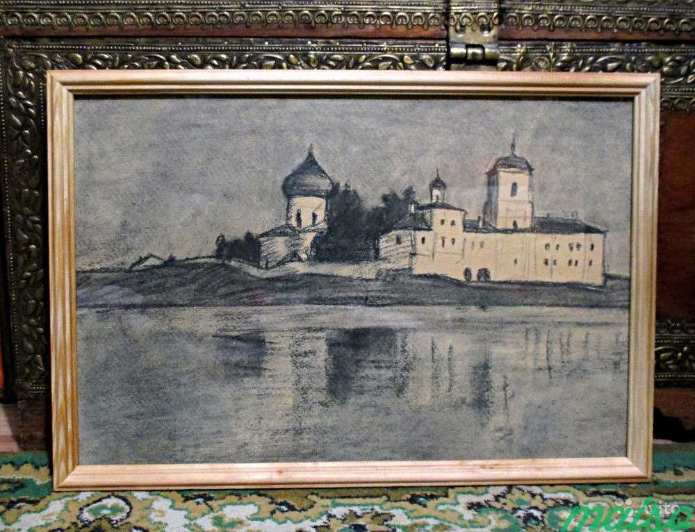 Картина Монастырь у озера пейзаж в раме пастель в Москве. Фото 4