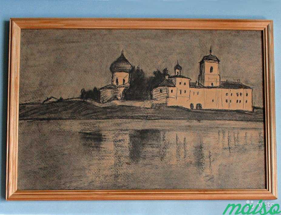 Картина Монастырь у озера пейзаж в раме пастель в Москве. Фото 2