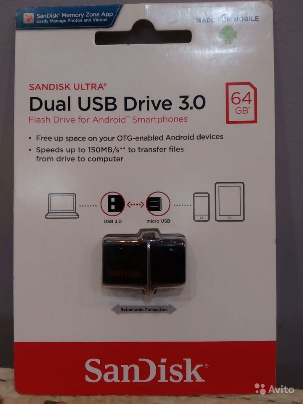 Флэшка SanDisk Ultra Dual 64 GB USB Drive 3.0 OTG в Москве. Фото 1