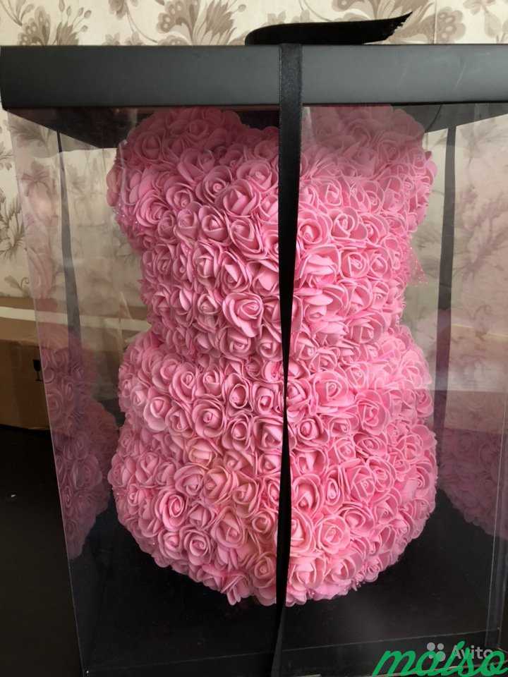 Мишка из роз 40 см в подарочной упаковке, розовый в Москве. Фото 3