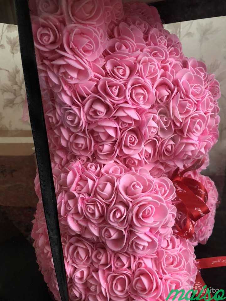 Мишка из роз 40 см в подарочной упаковке, розовый в Москве. Фото 2