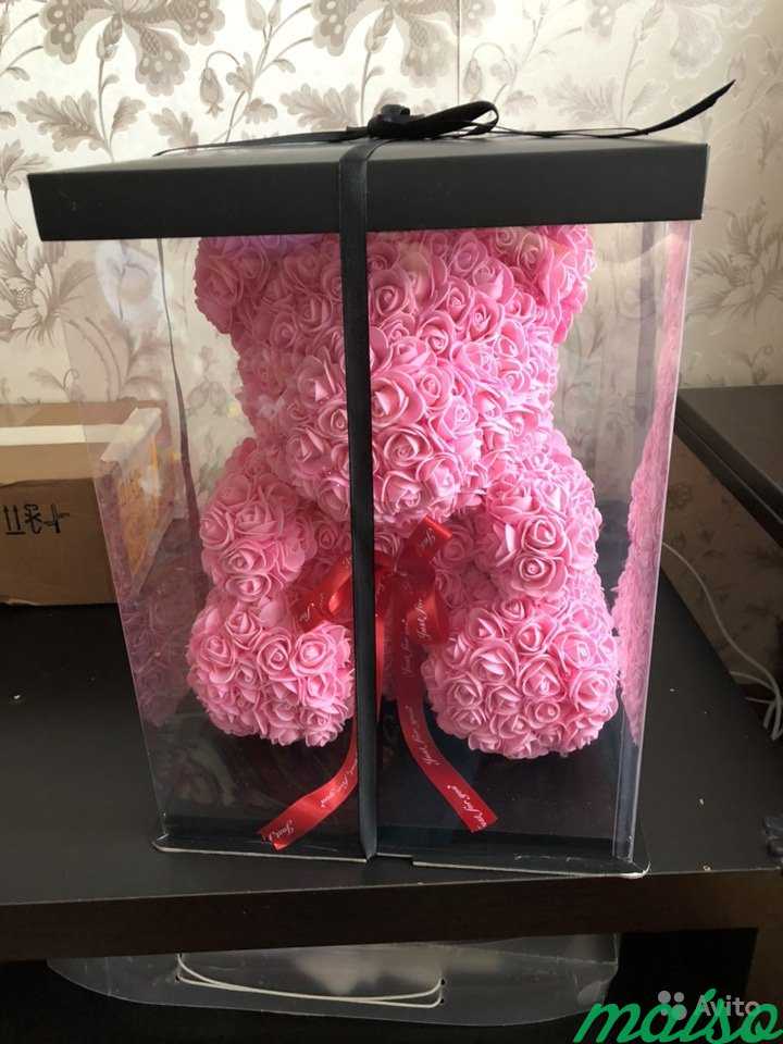 Мишка из роз 40 см в подарочной упаковке, розовый в Москве. Фото 1