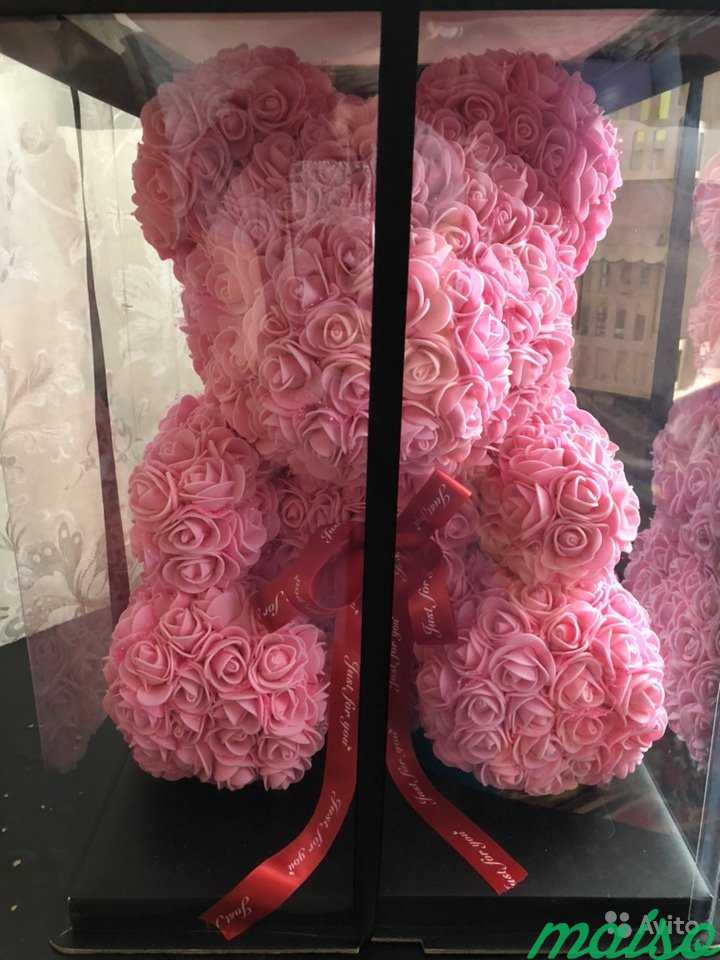 Мишка из роз 40 см в подарочной упаковке, розовый в Москве. Фото 4